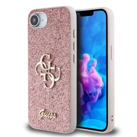 Husa spate Guess PU Fixed Glitter 4G cu logo metalic pentru iPhone 16e/17e, roz