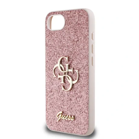 Husa spate Guess PU Fixed Glitter 4G cu logo metalic pentru iPhone 16e/17e, roz