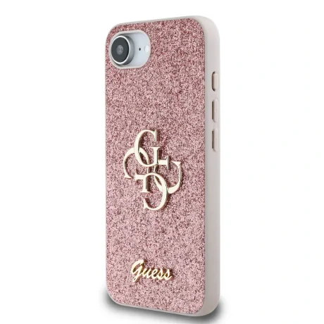 Husa spate Guess PU Fixed Glitter 4G cu logo metalic pentru iPhone 16e/17e, roz