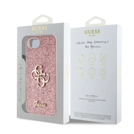 Husa spate Guess PU Fixed Glitter 4G cu logo metalic pentru iPhone 16e/17e, roz