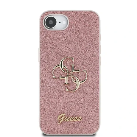 Husa spate Guess PU Fixed Glitter 4G cu logo metalic pentru iPhone 16e/17e, roz
