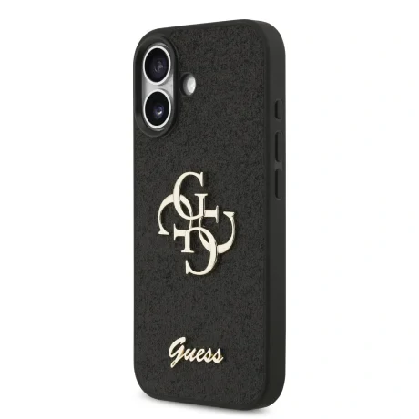Husa spate Guess PU Fixed Glitter 4G cu logo metalic pentru iPhone 17, neagră