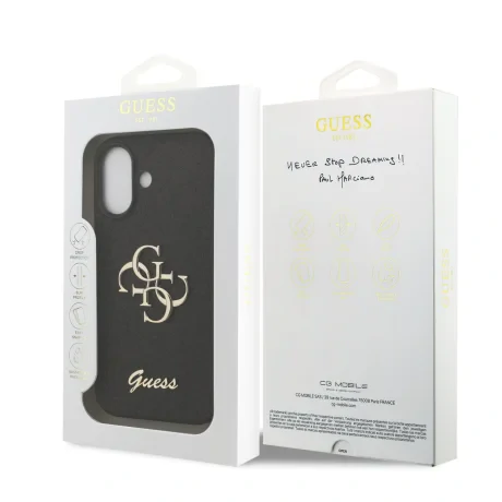 Husa spate Guess PU Fixed Glitter 4G cu logo metalic pentru iPhone 17, neagră
