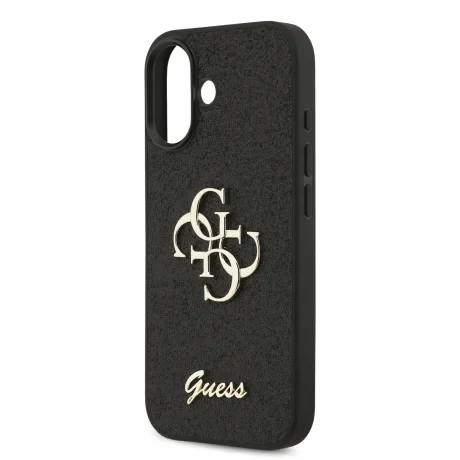 Husa spate Guess PU Fixed Glitter 4G cu logo metalic pentru iPhone 17, neagră