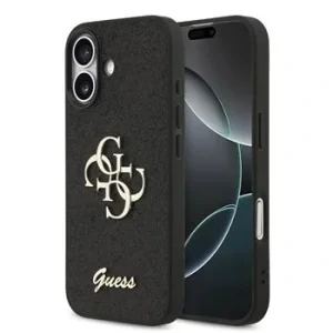 Husa spate Guess PU Fixed Glitter 4G cu logo metalic pentru iPhone 17, neagră