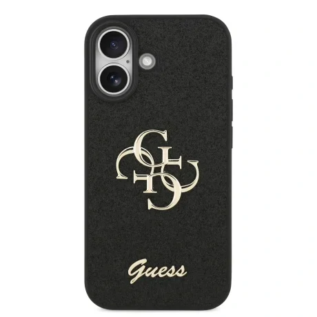 Husa spate Guess PU Fixed Glitter 4G cu logo metalic pentru iPhone 17, neagră