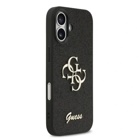 Husa spate Guess PU Fixed Glitter 4G cu logo metalic pentru iPhone 17, neagră