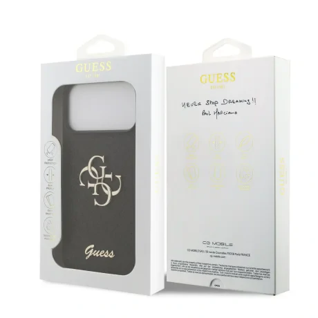 Husa spate Guess PU Fixed Glitter 4G cu logo metalic pentru iPhone 17 Pro Max, neagră