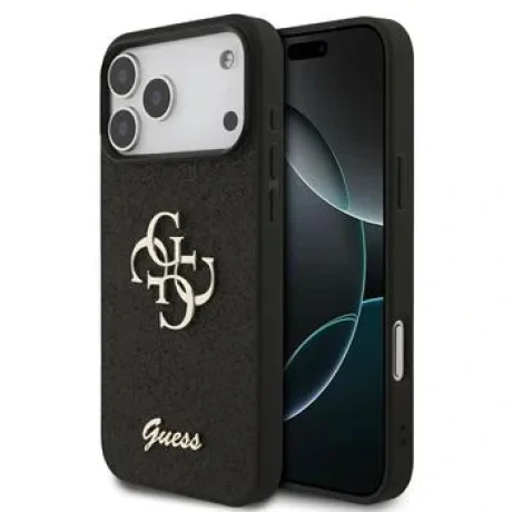 Husa spate Guess PU Fixed Glitter 4G cu logo metalic pentru iPhone 17 Pro Max, neagră