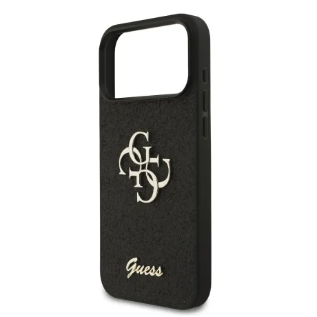Husa spate Guess PU Fixed Glitter 4G cu logo metalic pentru iPhone 17 Pro Max, neagră