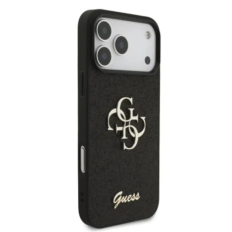Husa spate Guess PU Fixed Glitter 4G cu logo metalic pentru iPhone 17 Pro Max, neagră