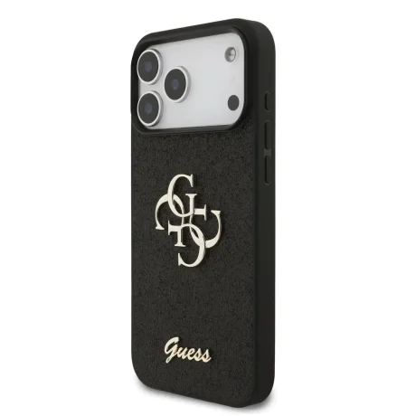 Husa spate Guess PU Fixed Glitter 4G cu logo metalic pentru iPhone 17 Pro Max, neagră