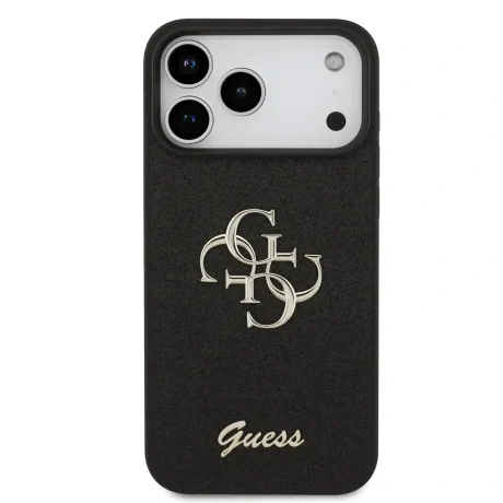 Husa spate Guess PU Fixed Glitter 4G cu logo metalic pentru iPhone 17 Pro Max, neagră