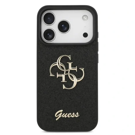 Husa spate Guess PU Fixed Glitter 4G cu logo metalic pentru iPhone 17 Pro, neagră