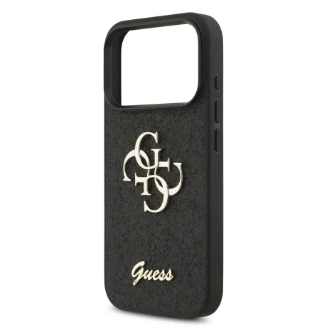 Husa spate Guess PU Fixed Glitter 4G cu logo metalic pentru iPhone 17 Pro, neagră