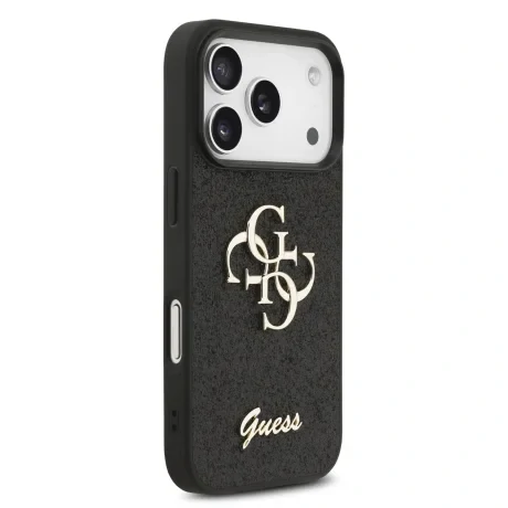 Husa spate Guess PU Fixed Glitter 4G cu logo metalic pentru iPhone 17 Pro, neagră