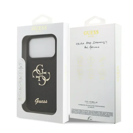 Husa spate Guess PU Fixed Glitter 4G cu logo metalic pentru iPhone 17 Pro, neagră