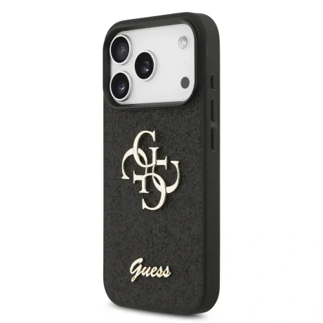Husa spate Guess PU Fixed Glitter 4G cu logo metalic pentru iPhone 17 Pro, neagră