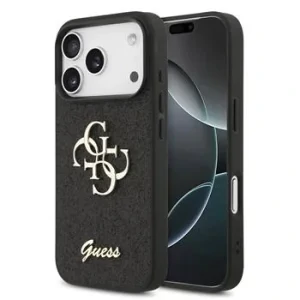 Husa spate Guess PU Fixed Glitter 4G cu logo metalic pentru iPhone 17 Pro, neagră