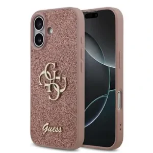 Husa spate Guess PU Fixed Glitter 4G cu logo metalic pentru iPhone 17, roz