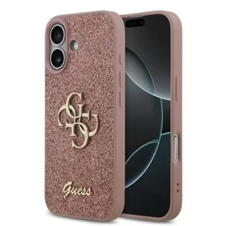 Husa spate Guess PU Fixed Glitter 4G cu logo metalic pentru iPhone 17, roz