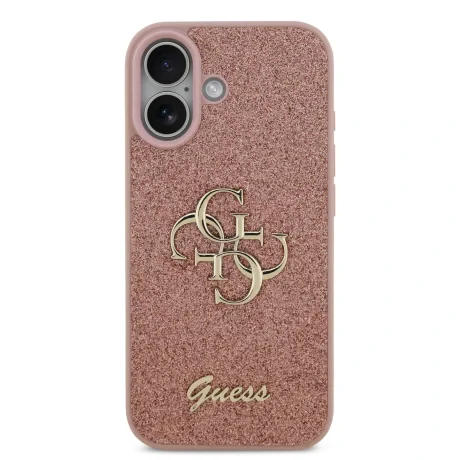 Husa spate Guess PU Fixed Glitter 4G cu logo metalic pentru iPhone 17, roz