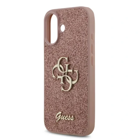 Husa spate Guess PU Fixed Glitter 4G cu logo metalic pentru iPhone 17, roz