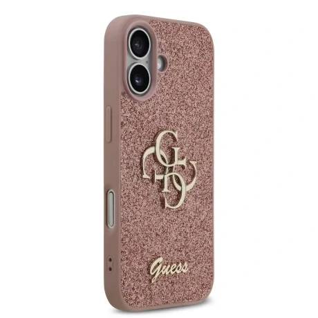 Husa spate Guess PU Fixed Glitter 4G cu logo metalic pentru iPhone 17, roz