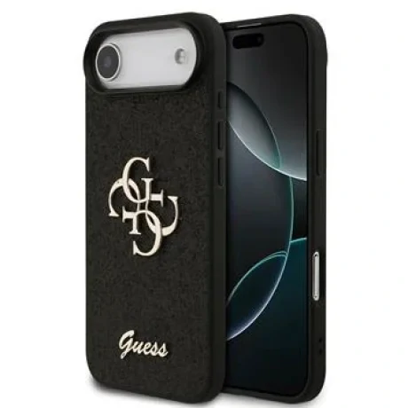 Husa spate Guess PU Fixed Glitter 4G cu logo metalic pentru iPhone Air, neagră