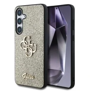 Husa spate Guess PU Fixed Glitter 4G cu logo metalic pentru Samsung Galaxy S25+, aurie