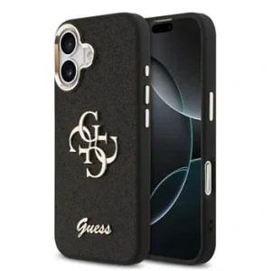 Husa spate Guess PU Fixed Glitter 4G cu ramă metalică pentru iPhone 17, neagră