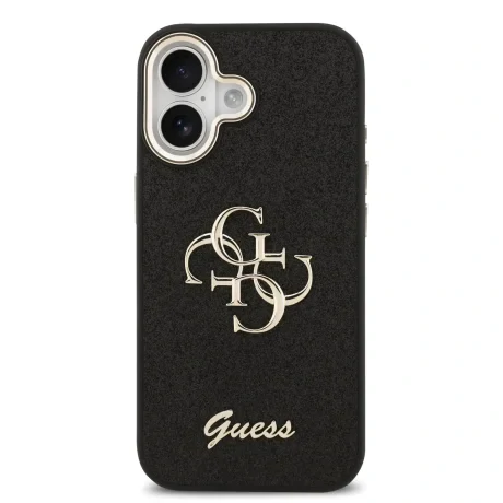 Husa spate Guess PU Fixed Glitter 4G cu ramă metalică pentru iPhone 17, neagră