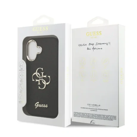 Husa spate Guess PU Fixed Glitter 4G cu ramă metalică pentru iPhone 17, neagră