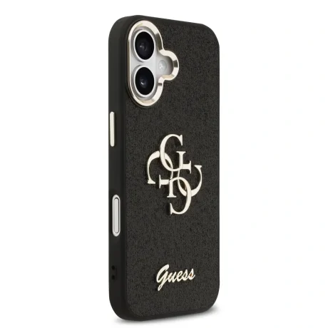 Husa spate Guess PU Fixed Glitter 4G cu ramă metalică pentru iPhone 17, neagră