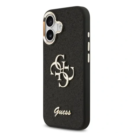 Husa spate Guess PU Fixed Glitter 4G cu ramă metalică pentru iPhone 17, neagră