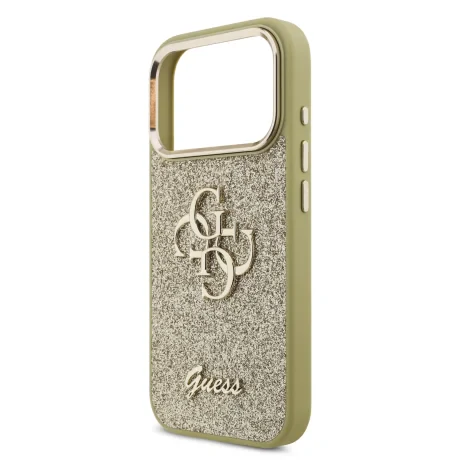 Husa spate Guess PU Fixed Glitter 4G cu ramă metalică pentru iPhone 17 Pro, aurie
