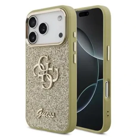 Husa spate Guess PU Fixed Glitter 4G cu ramă metalică pentru iPhone 17 Pro, aurie
