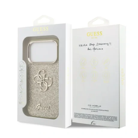 Husa spate Guess PU Fixed Glitter 4G cu ramă metalică pentru iPhone 17 Pro, aurie