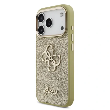 Husa spate Guess PU Fixed Glitter 4G cu ramă metalică pentru iPhone 17 Pro, aurie