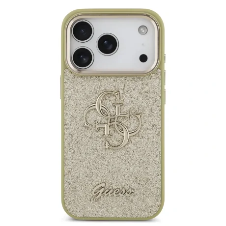 Husa spate Guess PU Fixed Glitter 4G cu ramă metalică pentru iPhone 17 Pro, aurie