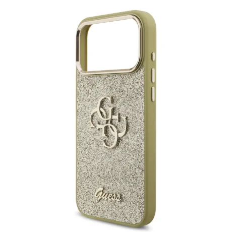 Husă spate Guess PU Fixed Glitter 4G cu ramă metalică pentru iPhone 17 Pro Max, aurie