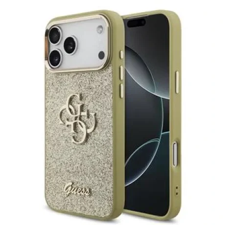 Husă spate Guess PU Fixed Glitter 4G cu ramă metalică pentru iPhone 17 Pro Max, aurie