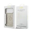 Husă spate Guess PU Fixed Glitter 4G cu ramă metalică pentru iPhone 17 Pro Max, aurie