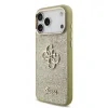 Husă spate Guess PU Fixed Glitter 4G cu ramă metalică pentru iPhone 17 Pro Max, aurie
