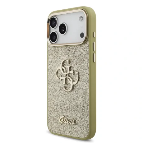 Husă spate Guess PU Fixed Glitter 4G cu ramă metalică pentru iPhone 17 Pro Max, aurie