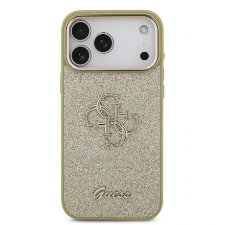 Husă spate Guess PU Fixed Glitter 4G cu ramă metalică pentru iPhone 17 Pro Max, aurie