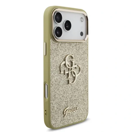 Husă spate Guess PU Fixed Glitter 4G cu ramă metalică pentru iPhone 17 Pro Max, aurie