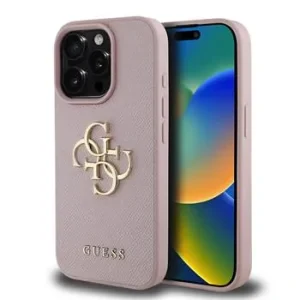 Husă spate Guess PU Grained 4G cu logo metalic pentru iPhone 15 Pro, roz