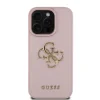Husă spate Guess PU Grained 4G cu logo metalic pentru iPhone 15 Pro, roz