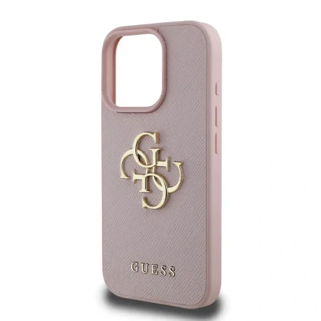Husă spate Guess PU Grained 4G cu logo metalic pentru iPhone 15 Pro, roz
